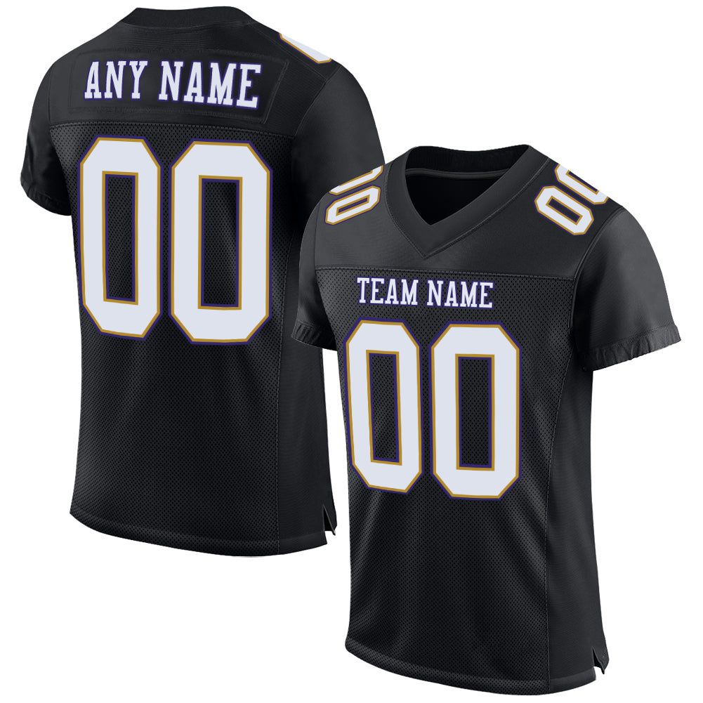 Personalized Black White Old Gold Purple Football Jersey - Custom Mesh Design Personalized Black White Old Gold-Purple Mesh