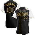 Personalized Black White Old Gold Baseball Jersey with Raglan Sleeves Personalized Black White-Old Gold Raglan Sleeves Baseball