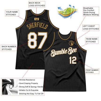 Personalized Black White Gold Throwback Basketball Jersey for Men, Size 3 Personalized Black White-Old Gold Throwback Basketball