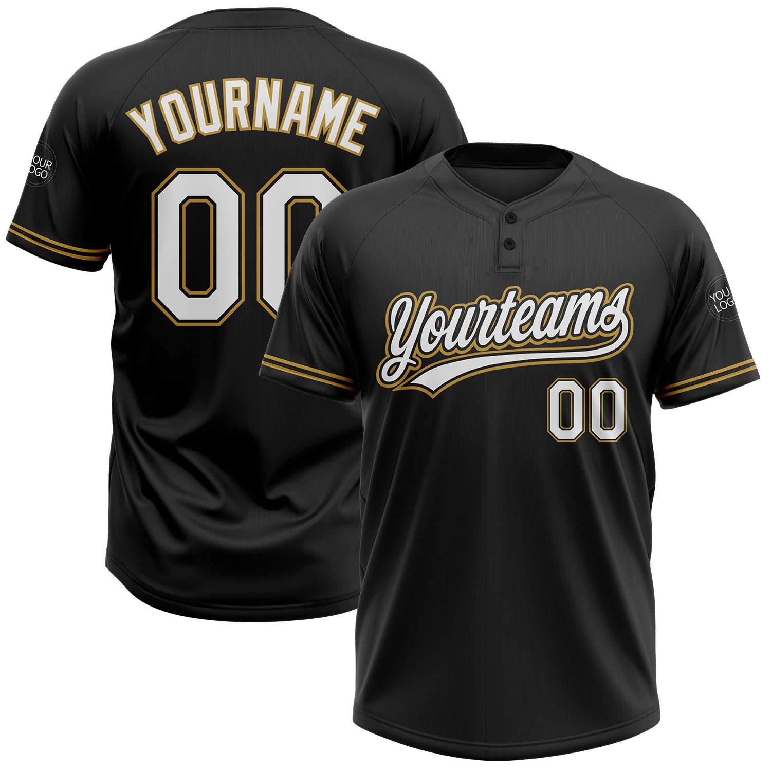 Custom Name and Number Unisex Softball Jersey - Personalized Black and White Old Gold Two-Button Design Personalized Black