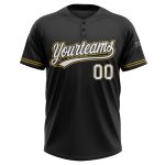 Custom Name and Number Unisex Softball Jersey - Personalized Black and White Old Gold Two-Button Design Personalized Black