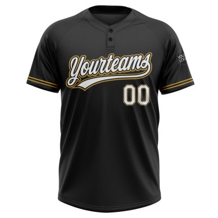 Custom Name and Number Unisex Softball Jersey - Personalized Black and White Old Gold Two-Button Design Personalized Black