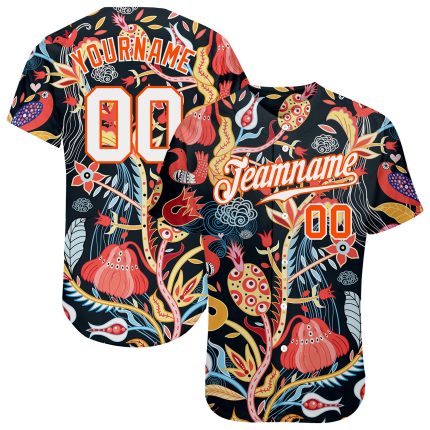 Personalized 3D Flowers Baseball Jersey in Black White and Orange Personalized Black White-Orange 3D Flowers Baseball Jersey