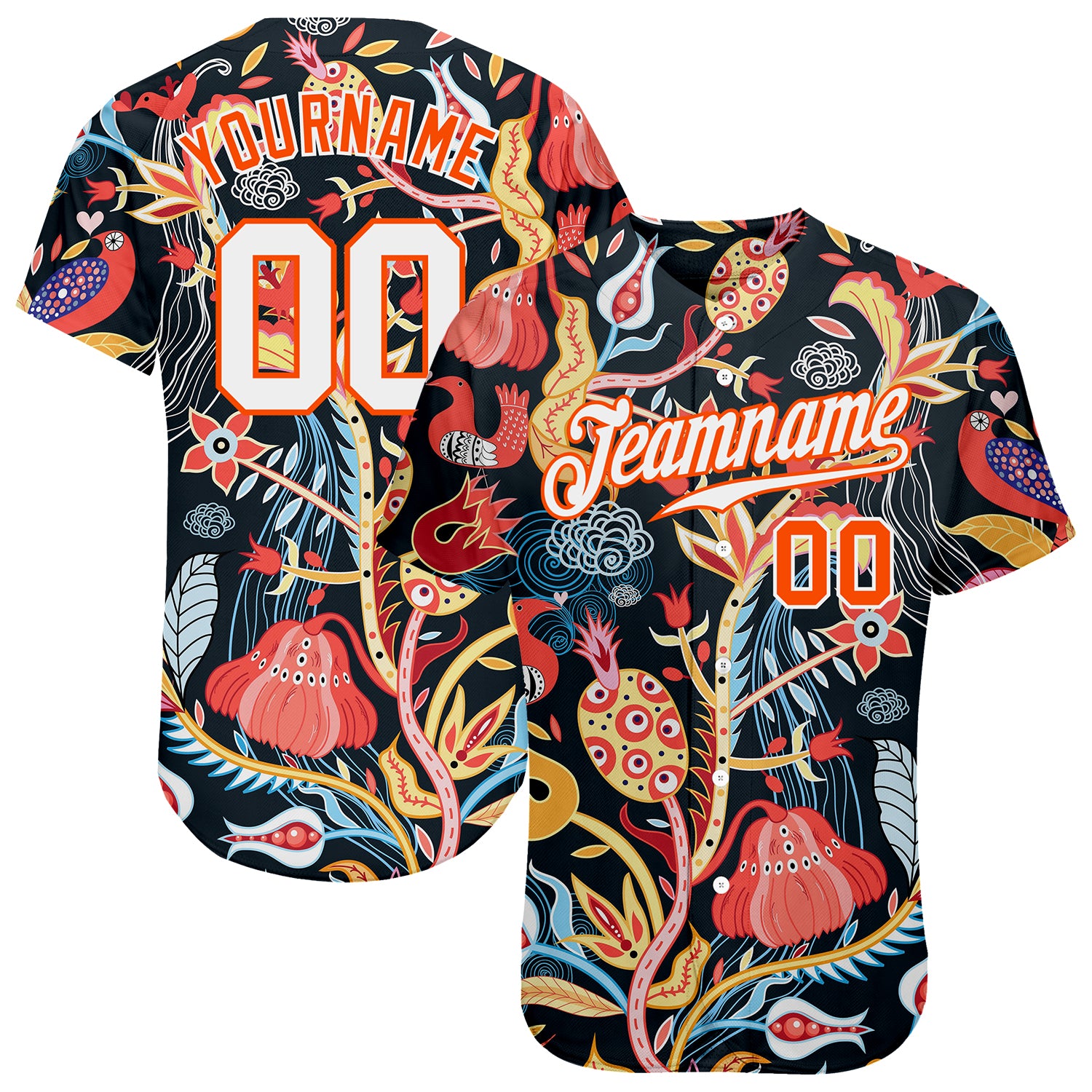 Custom Name and Number Personalized 3D Pattern Baseball Jersey - Black White Orange Floral Design Personalized Black White-Orange