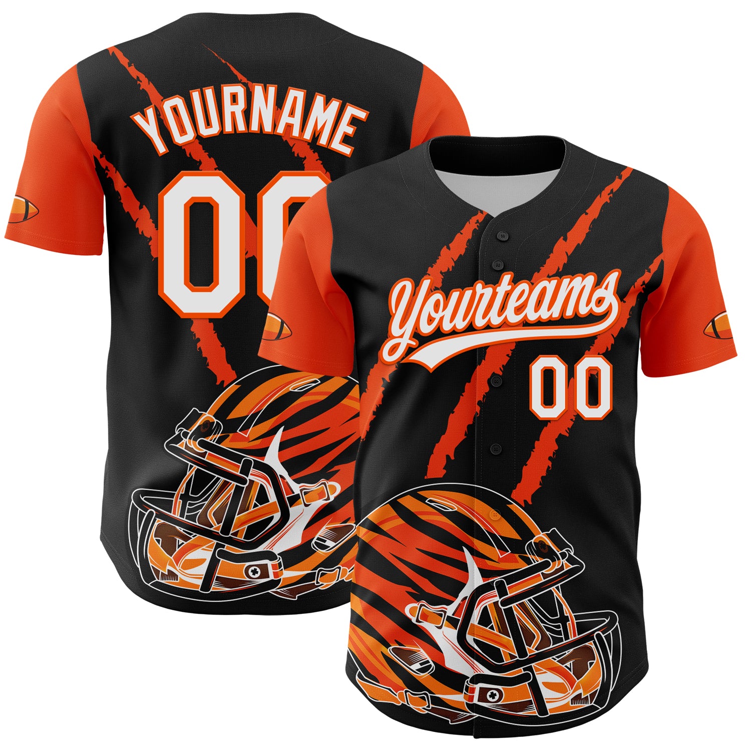 Personalized 3D Pattern Football Helmet and Baseball Jersey with Custom Name and Number - Black White Orange Design Personalized