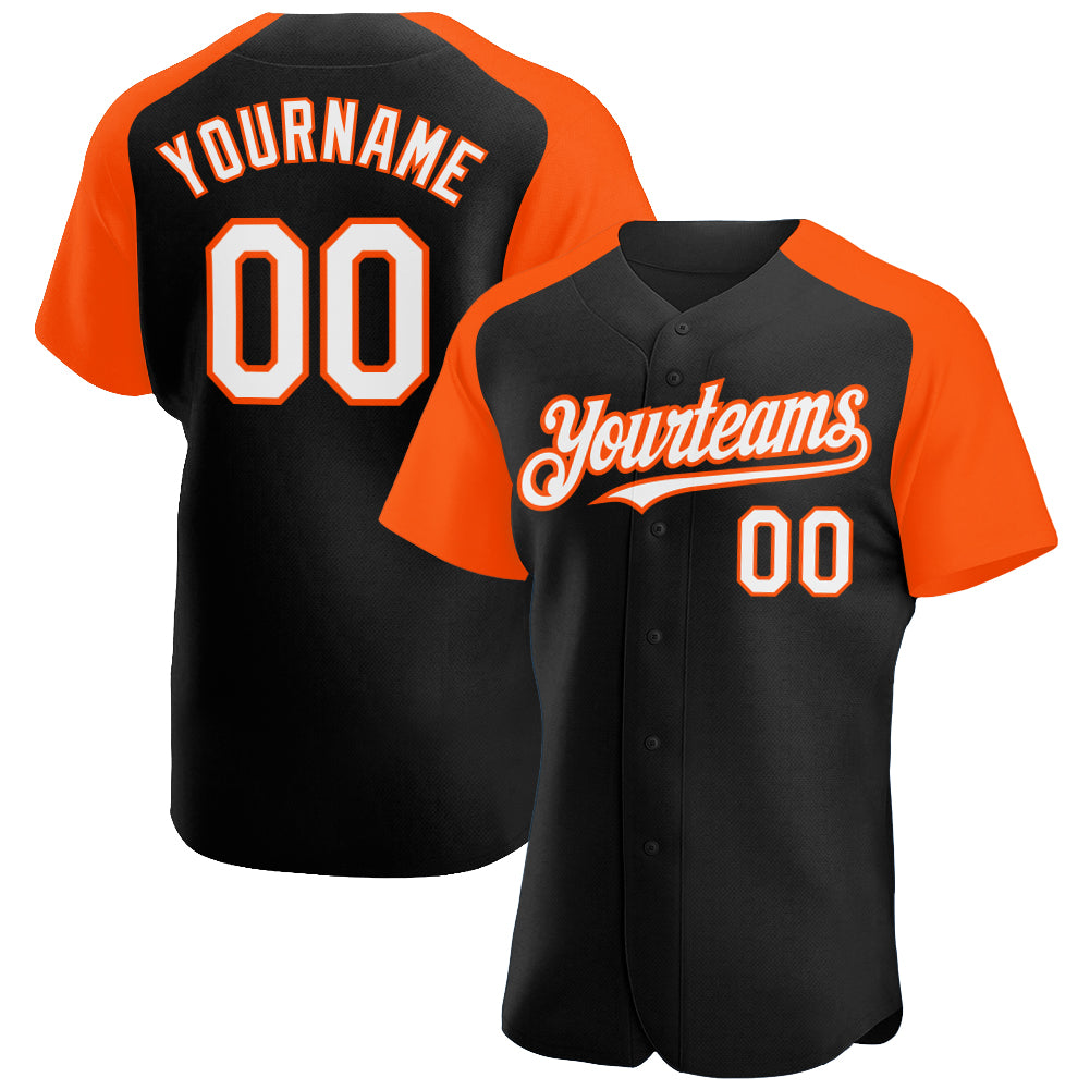Personalized Custom Name and Number Baseball Jersey | Black White-Orange Authentic Raglan Sleeves Personalized Black White-Orange