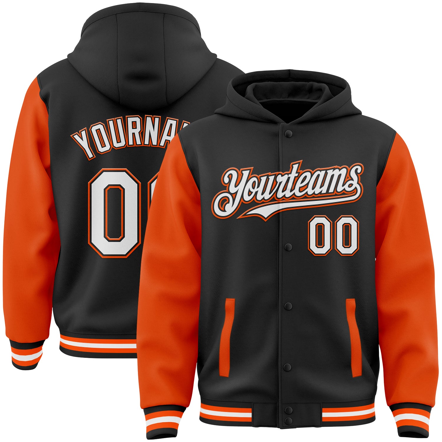 Custom Bomber Varsity Hoodie Jacket with Personalized Team Name & Number - Black White-Orange Full-Snap Two Tone Personalized