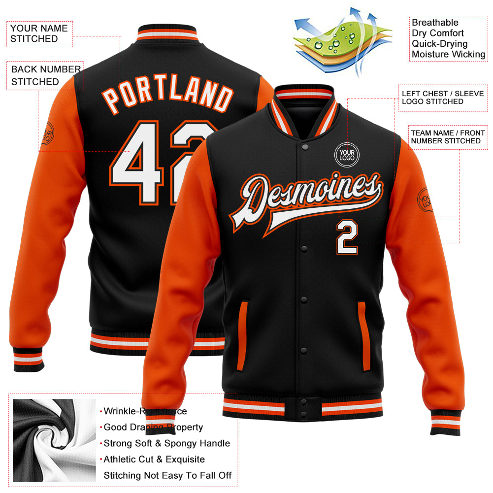 Personalized Black White Orange Bomber Varsity Letterman Jacket Full-Snap Two Tone Personalized Black White-Orange Bomber - Image 5