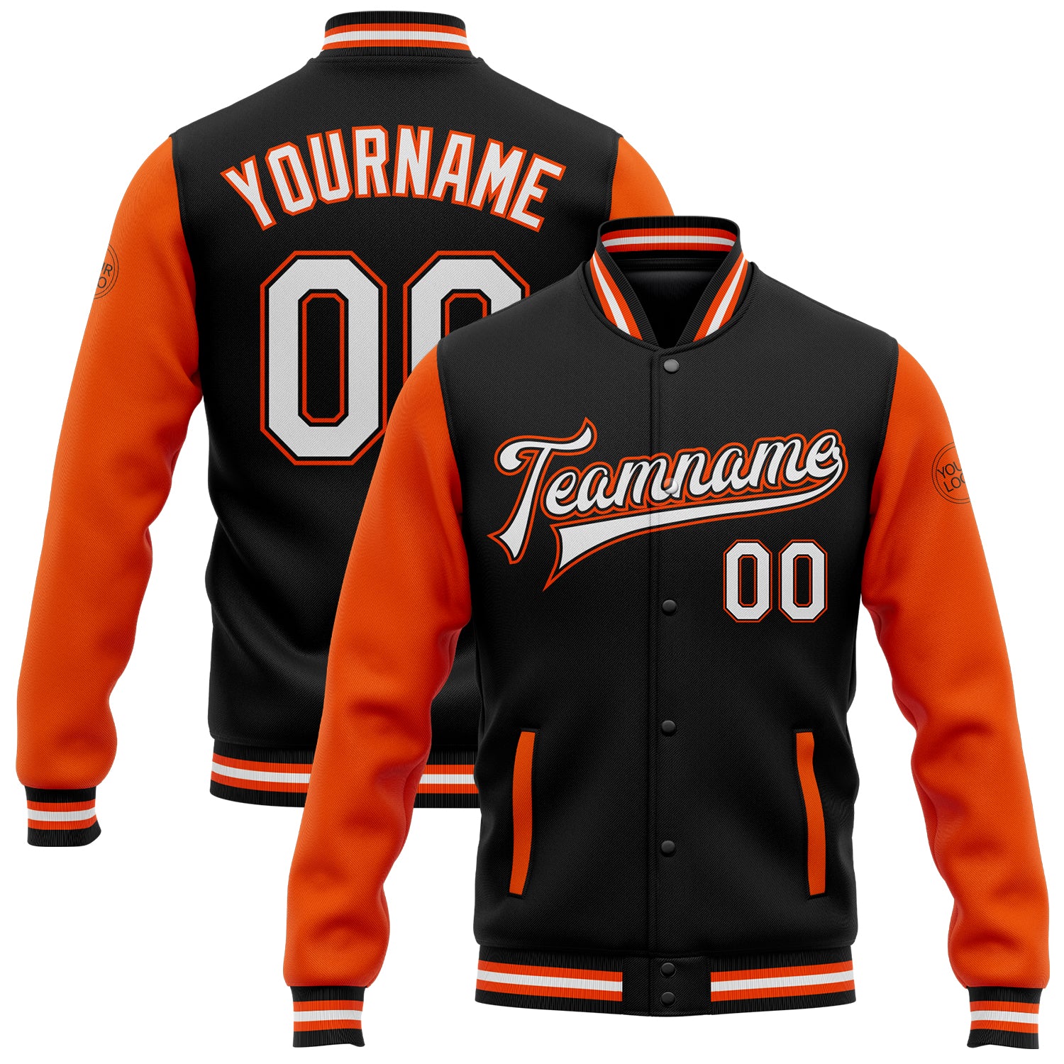 Personalized Two Tone Bomber Jacket Black White Orange Full-Snap Varsity Letterman Personalized Black White-Orange Bomber