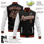 Custom Team Name Number Black White-Orange Bomber Varsity Letterman Jacket - Personalized Full-Snap Two Tone Design Personalized
