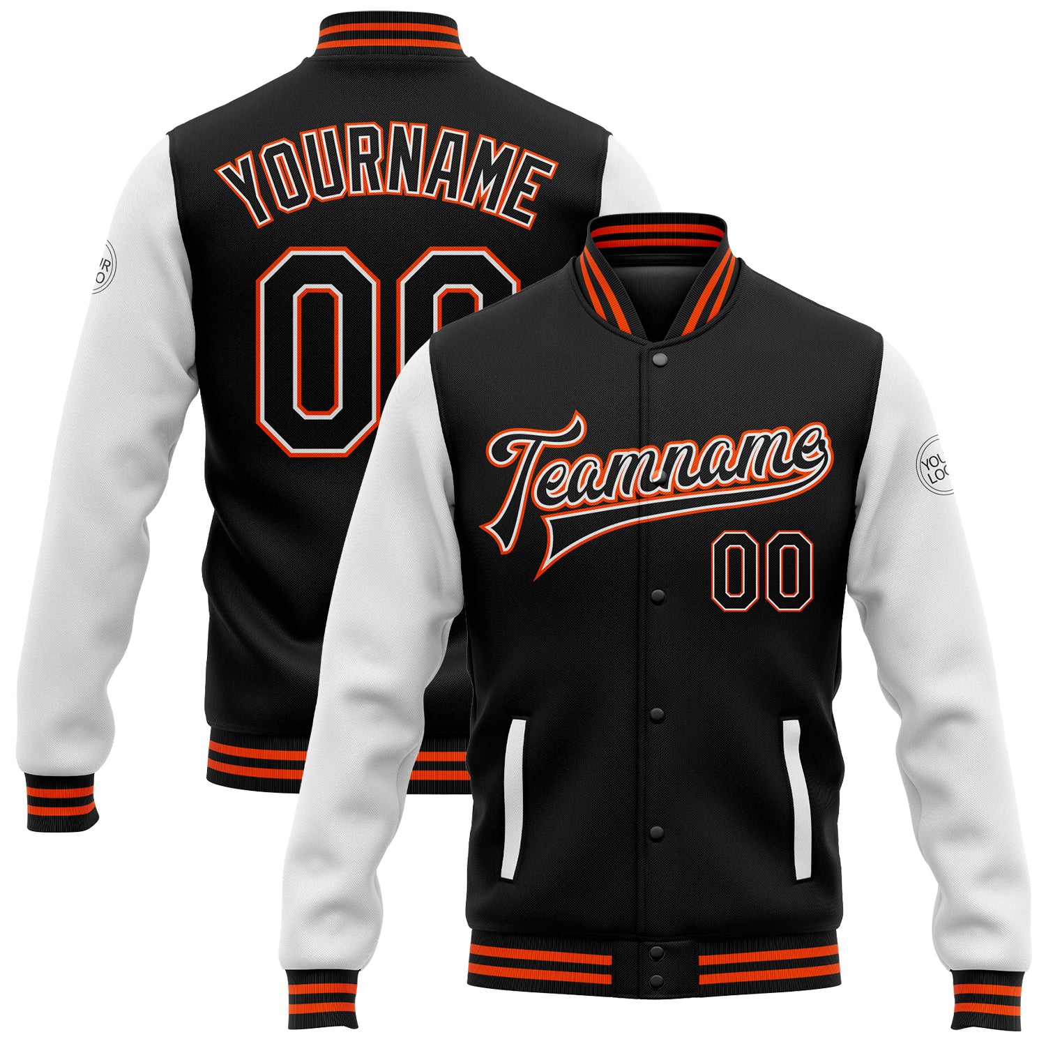 Personalized Black and Orange Two-Tone Varsity Letterman Bomber Jacket Full-Snap Personalized Black White-Orange Bomber Full-Snap