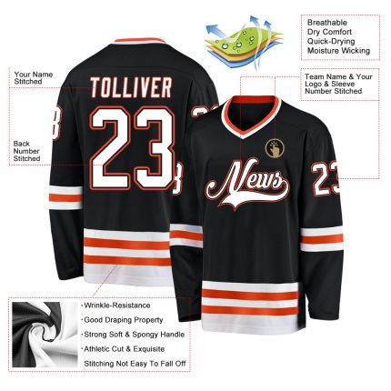 Custom Name Number Black White-Orange Hockey Jersey Personalized Team Apparel Personalized Black White-Orange Hockey Jersey