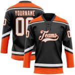 Personalized Black Orange White Hockey Jersey with Lace Neck Design Personalized Black White-Orange Hockey Lace Neck Jersey