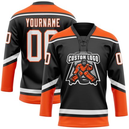 Personalized Black Orange White Hockey Jersey with Lace Neck Design Personalized Black White-Orange Hockey Lace Neck Jersey