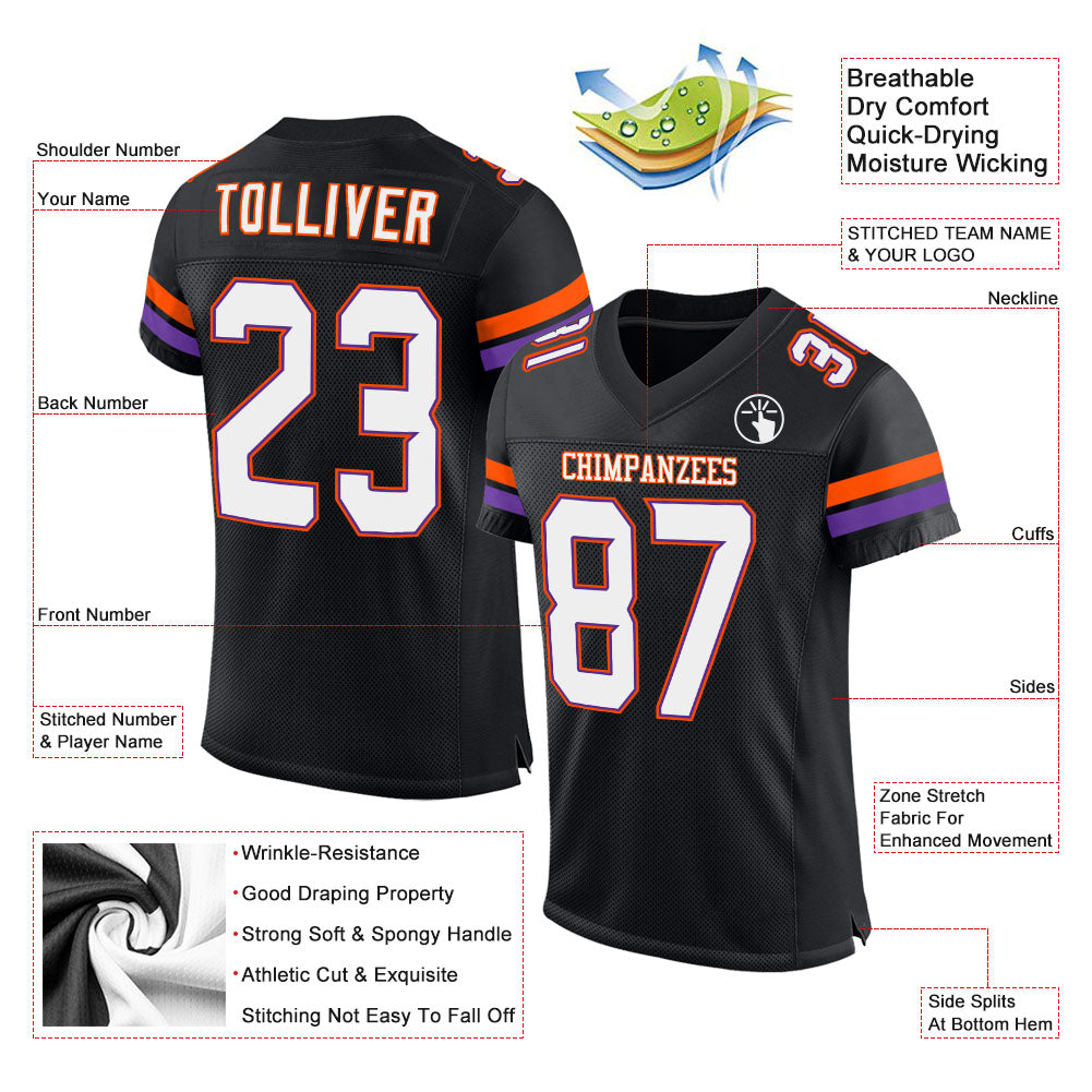 Personalized Black Orange Mesh Football Jersey for Adults and Kids Personalized Black White-Orange Mesh Football Jersey 2 - Image 2