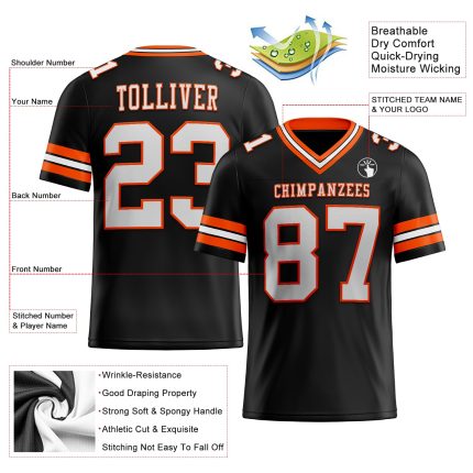 Custom Black White Orange Mesh Football Jersey for Kids Size 4 Personalized Black White-Orange Mesh Football Jersey 4