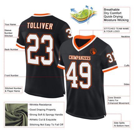 Personalized Throwback Football Jersey Black White Orange Mesh 2 Personalized Black White-Orange Mesh Throwback Football