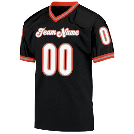 Personalized Black and Orange Throwback Football Jersey Mesh Design Personalized Black White-Orange Mesh Throwback Football