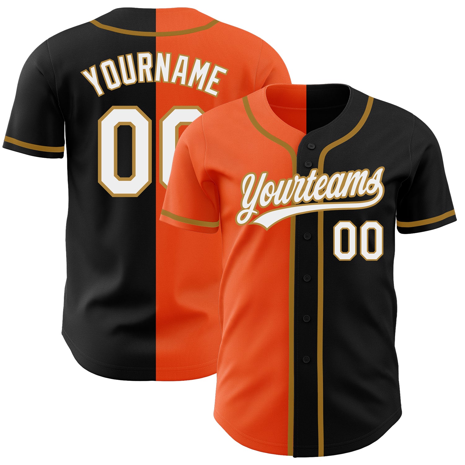 Personalized Black White Orange Gold Split Fashion Baseball Jersey Personalized Black White Orange-Old Gold Split Fashion