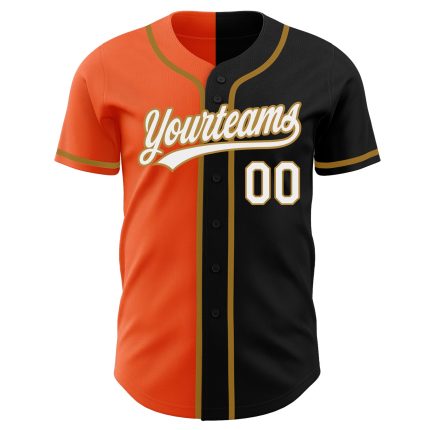 Personalized Black White Orange Gold Split Fashion Baseball Jersey Personalized Black White Orange-Old Gold Split Fashion