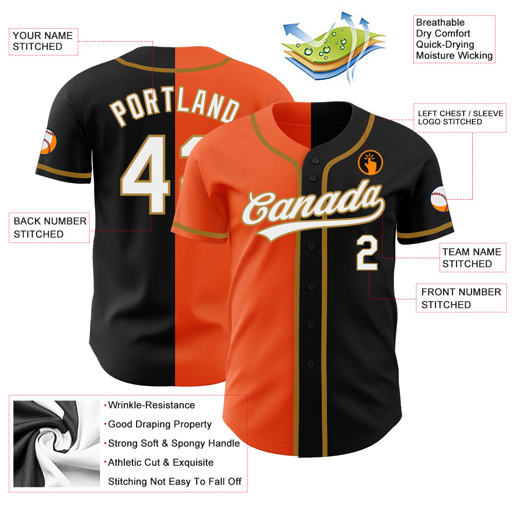 Personalized Black White Orange Gold Split Fashion Baseball Jersey Personalized Black White Orange-Old Gold Split Fashion - Image 3