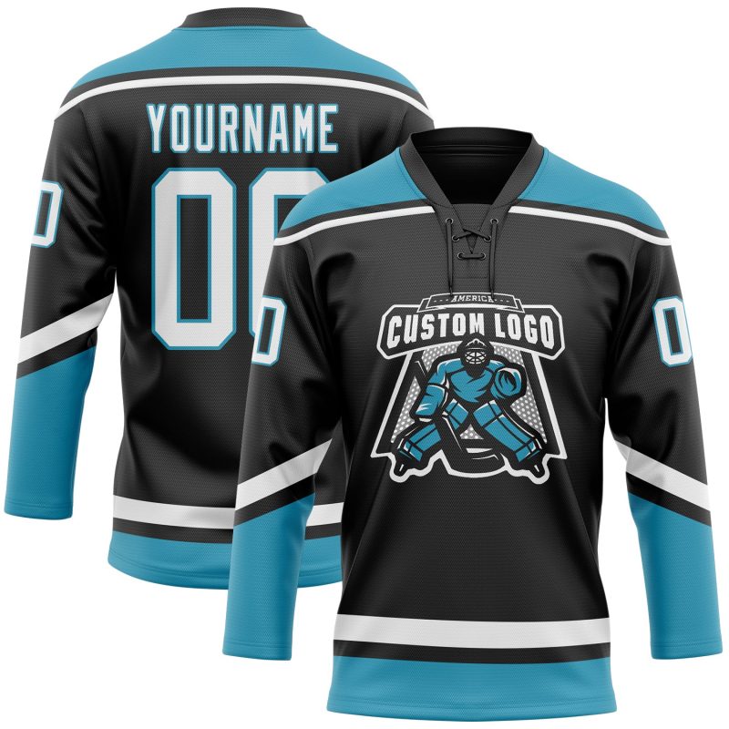 Personalized Blue Hockey Lace Neck Jersey - Black White Panther Design Personalized Black White-Panther Blue Hockey Lace