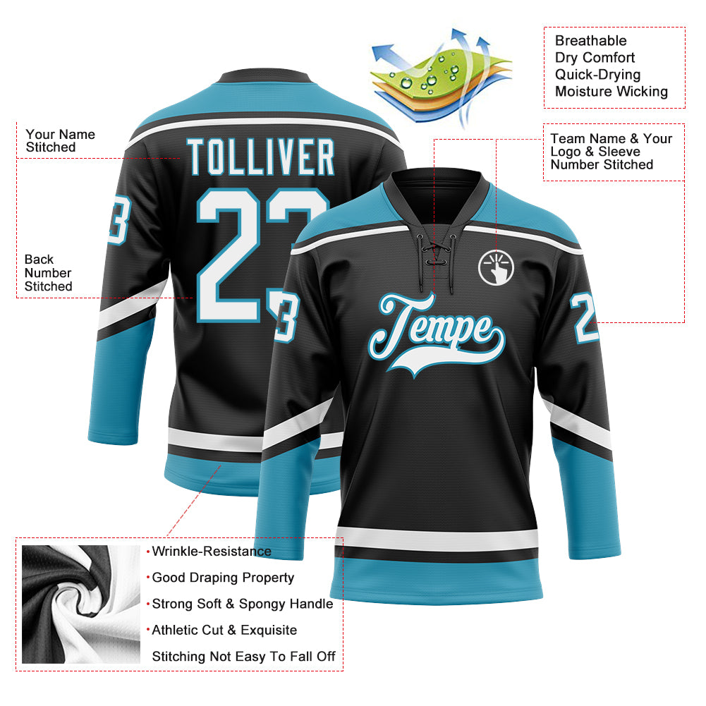 Personalized Blue Hockey Lace Neck Jersey - Black White Panther Design Personalized Black White-Panther Blue Hockey Lace - Image 3