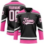 Personalized Hockey Jersey with Black White-Pink Lace Neck Design Personalized Black White-Pink Hockey Lace Neck Jersey