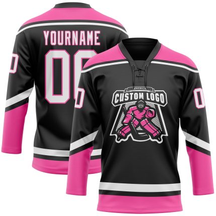 Personalized Hockey Jersey with Black White-Pink Lace Neck Design Personalized Black White-Pink Hockey Lace Neck Jersey