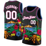 Custom Name and Number Basketball Jersey - Tropical Beach Hawaii Palm Trees 3D Pattern Black White Pink Light Blue Personalized