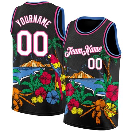 Custom Name and Number Basketball Jersey - Tropical Beach Hawaii Palm Trees 3D Pattern Black White Pink Light Blue Personalized