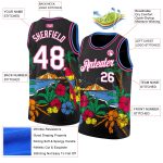 Custom Name and Number Basketball Jersey - Tropical Beach Hawaii Palm Trees 3D Pattern Black White Pink Light Blue Personalized