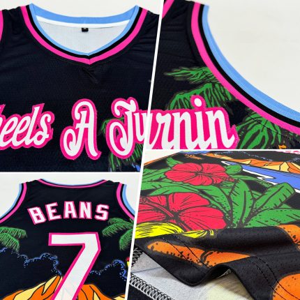 Custom Name and Number Basketball Jersey - Tropical Beach Hawaii Palm Trees 3D Pattern Black White Pink Light Blue Personalized