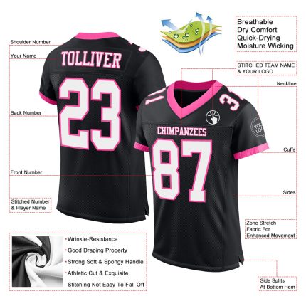 Personalized Black Pink White Mesh Football Jersey - Custom Sports Apparel for Fans Personalized Black White-Pink Mesh Football
