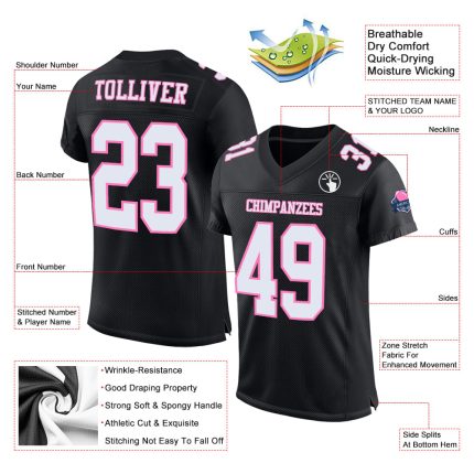Personalized Mesh Football Jersey in Black White Pink for Men and Women Personalized Black White-Pink Mesh Football Jersey
