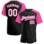 Personalized Black Pink White Baseball Jersey with Raglan Sleeves Personalized Black White-Pink Raglan Sleeves Baseball Jersey
