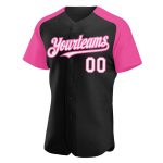 Personalized Black Pink White Baseball Jersey with Raglan Sleeves Personalized Black White-Pink Raglan Sleeves Baseball Jersey