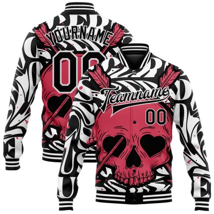 Personalized Skull Heart Jacquard 3D Bomber Varsity Jacket Black White Pink Personalized Black White Pink Skull Heart Shaped