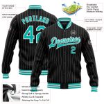 Custom Team Name Number Aqua Bomber Varsity Jacket Black White Pinstripe Full-Snap Letterman Jacket Personalized Black White