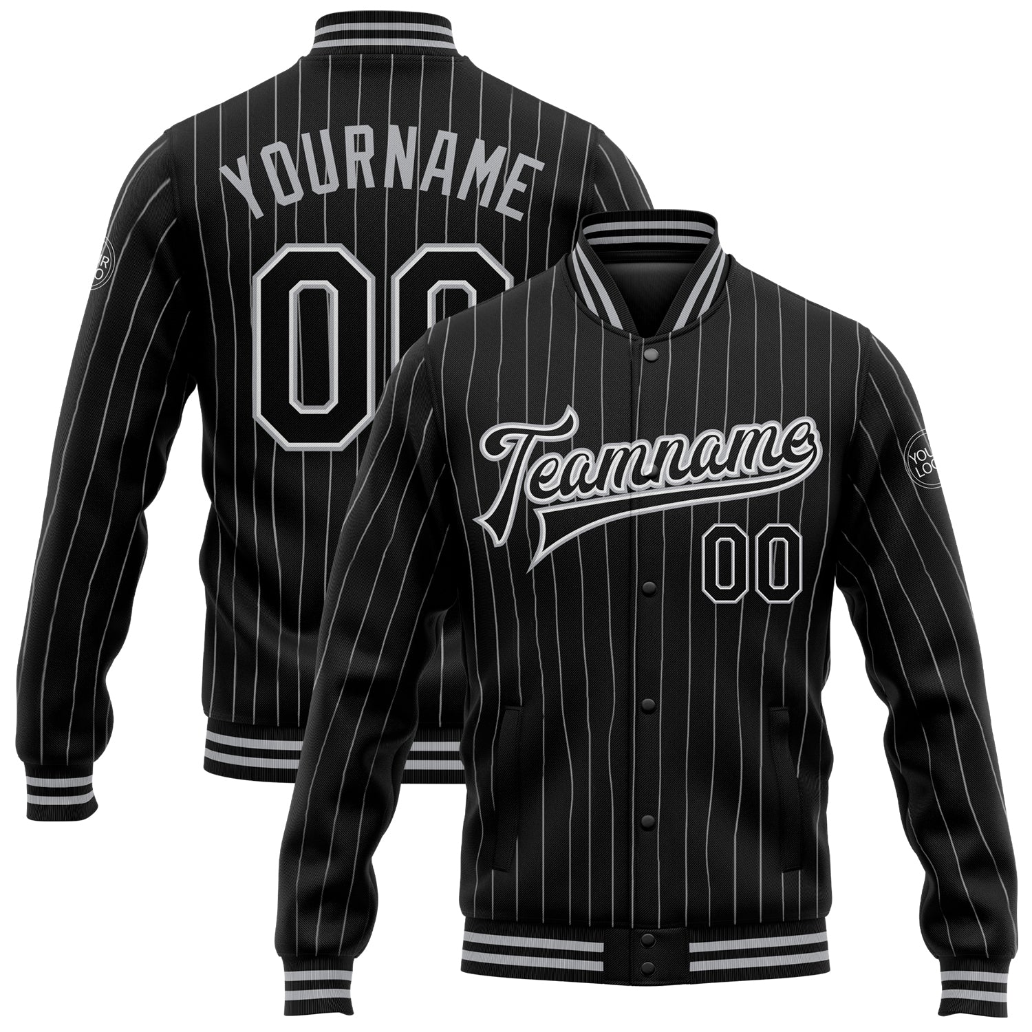 Personalized Black-Gray Pinstripe Bomber Varsity Letterman Jacket Full-Snap Personalized Black White Pinstripe Black-Gray