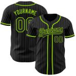 Customizable Black White Pinstripe Baseball Jersey with Neon Green Team Name and Number - Authentic Sport Apparel Personalized