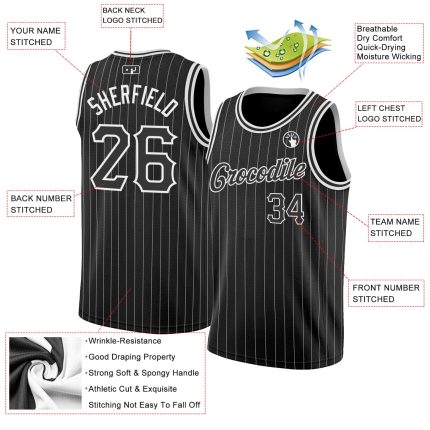 Custom Black White Pinstripe Basketball Jersey with Team Name & Number - Authentic Personalized Sportswear Personalized Black