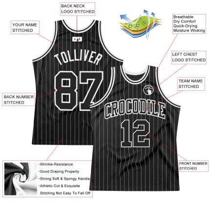 Personalized Black White Pinstripe Basketball Jersey for Men - Custom 2 Personalized Black White Pinstripe Black-White Basketball