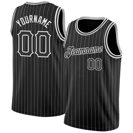 Personalized Black and White Basketball Jersey with Pinstripes - Custom Team Apparel Personalized Black White Pinstripe Black-White
