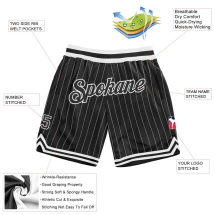Personalized Black and White Basketball Shorts with Pinstripe Design Personalized Black White Pinstripe Black-White Basketball
