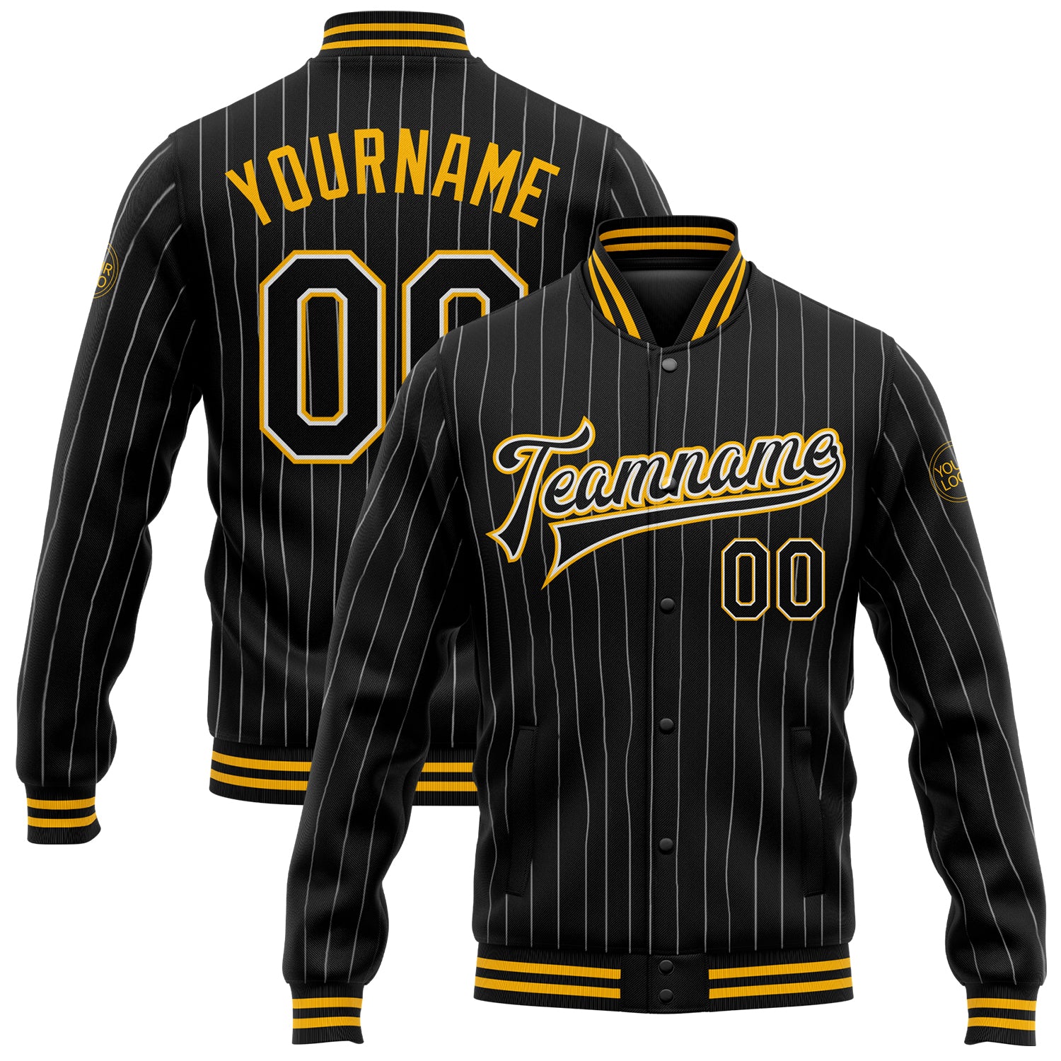 Personalized Black White Pinstripe Gold Varsity Letterman Bomber Jacket Full-Snap 2 Personalized Black White Pinstripe Gold