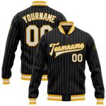 Personalized Varsity Letterman Jacket Black White Pinstripe Gold Bomber Full-Snap Style 3 Personalized Black White Pinstripe