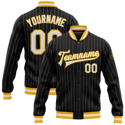 Personalized Varsity Letterman Jacket Black White Pinstripe Gold Bomber Full-Snap Style 3 Personalized Black White Pinstripe