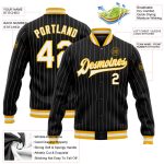 Personalized Varsity Letterman Jacket Black White Pinstripe Gold Bomber Full-Snap Style 3 Personalized Black White Pinstripe