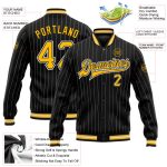 Custom Name Number Black White Pinstripe Gold Bomber Varsity Letterman Jacket - Personalized Full-Snap Team Jacket Personalized